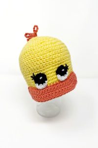 yellow and orange crochet duck cap with big eyes