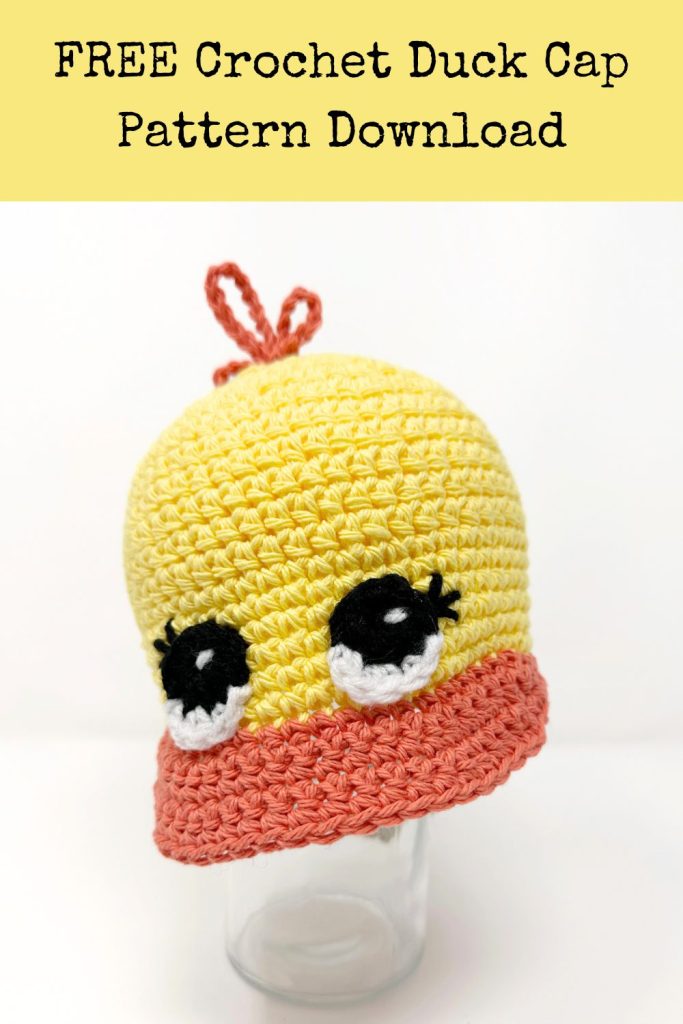 yellow and orange crochet duck cap with big eyes