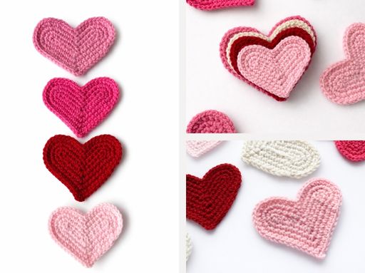 Four pink and red crocheted heart-shaped coasters are arranged and stacked on a white surface with text: "HOW TO CROCHET A HEART. Free crochet pattern