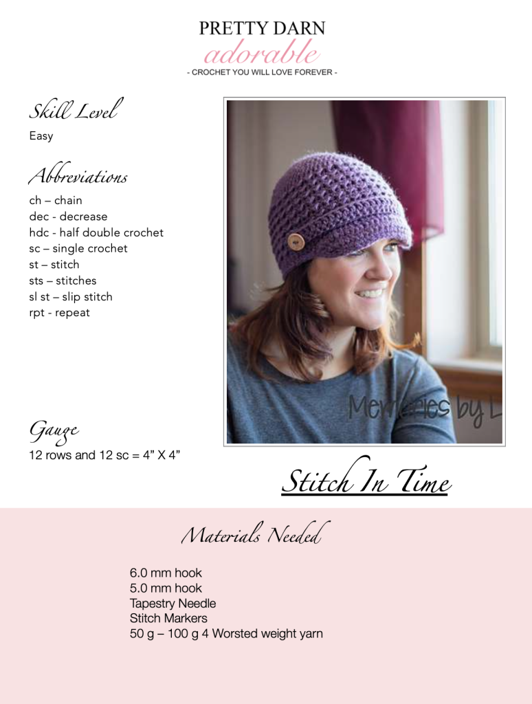 A woman wearing a purple crocheted hat with a wooden button on the side smiles while looking out a window. Text on the image shares a free crochet newsboy pattern, skill level, abbreviations, gauge, and materials needed.