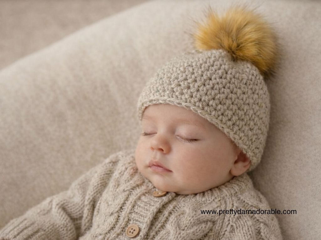 A baby sleeps peacefully in a beige textured sweater and matching crocheted beanie with brown pom-pom; www.prettydarnadorable.com appears. Free crochet pattern