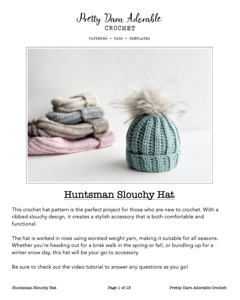 A stack of folded pastel hats on a white surface beside a teal ribbed slouchy hat with faux fur pom-pom; promo text visible. Free crochet pattern