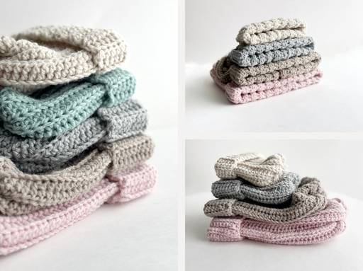 Stacks of crocheted headbands in pastel pink, gray, beige, and blue are neatly arranged on a white background; no text visible. Free crochet pattern