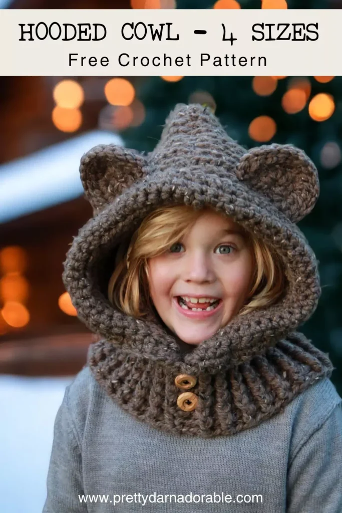 child wearing brown crochet hooded bear cowl