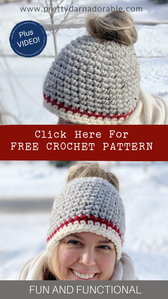 lady wearing crochet messy bun hat with a ponytail has elastic opening