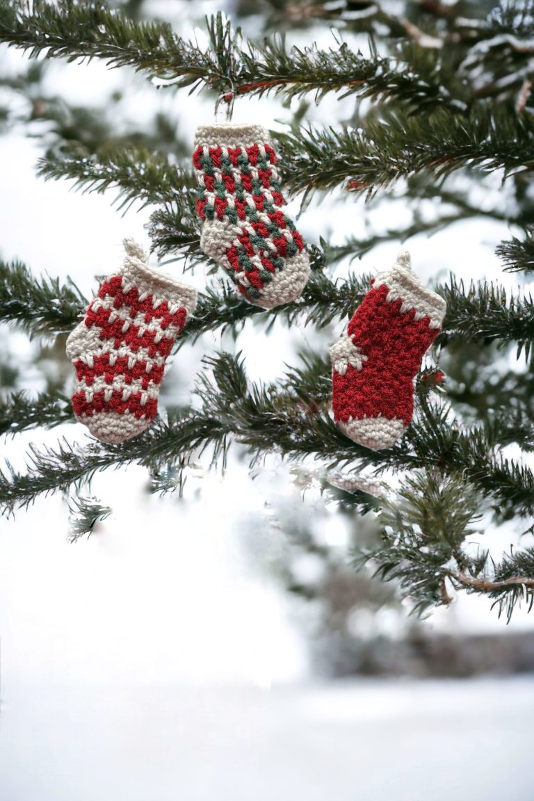 striped and plain knit look crochet stockings in green red and white