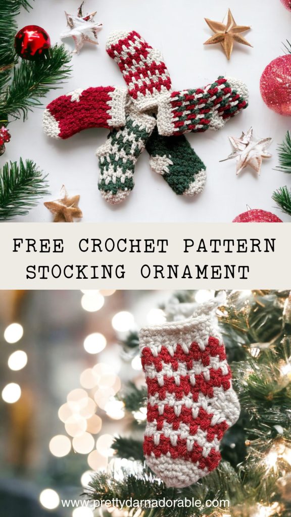 striped and plain knit look crochet stockings in green red and white