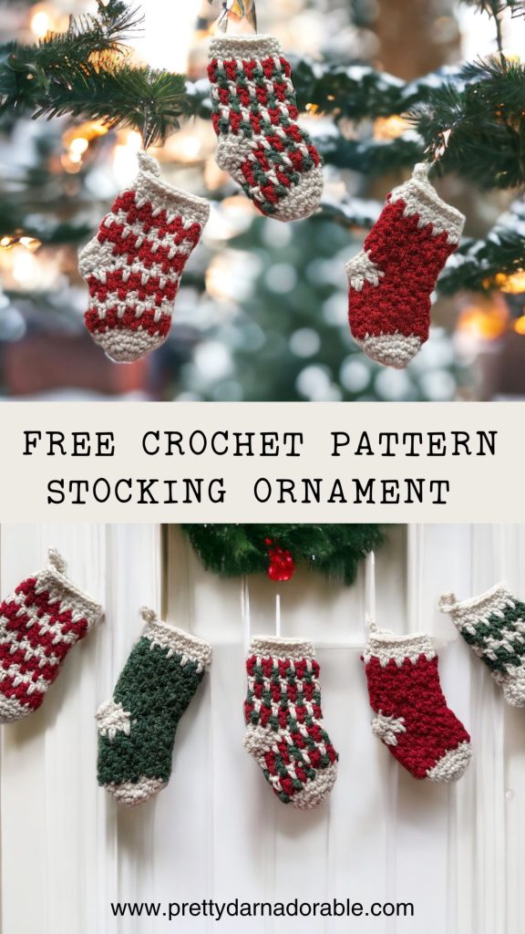 striped and plain knit look crochet stockings in green red and white