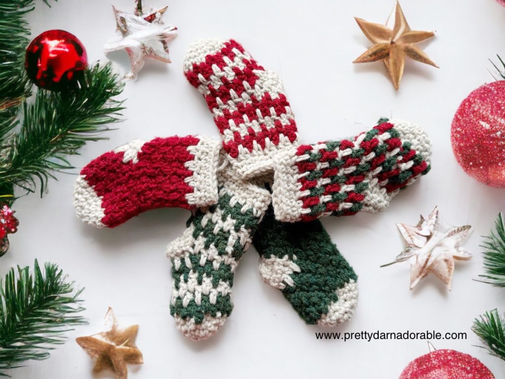 striped and plain knit look crochet stockings in green red and white