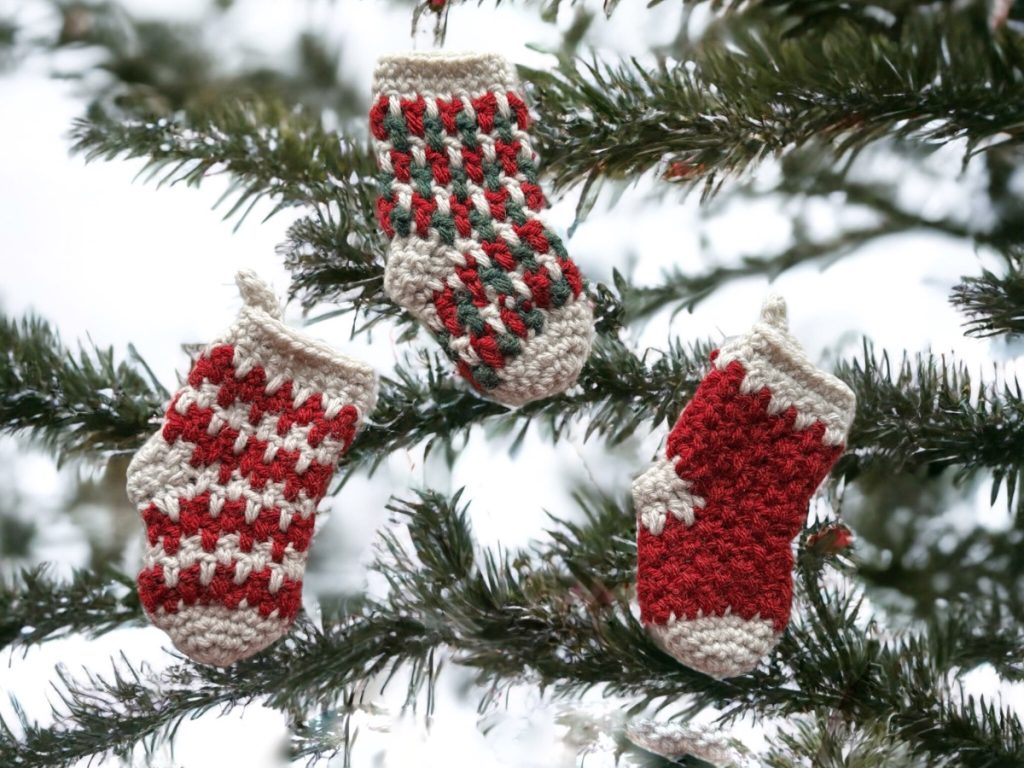 striped and plain knit look crochet stockings in green red and white