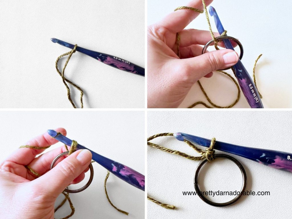 yarn being attached to a metal wring