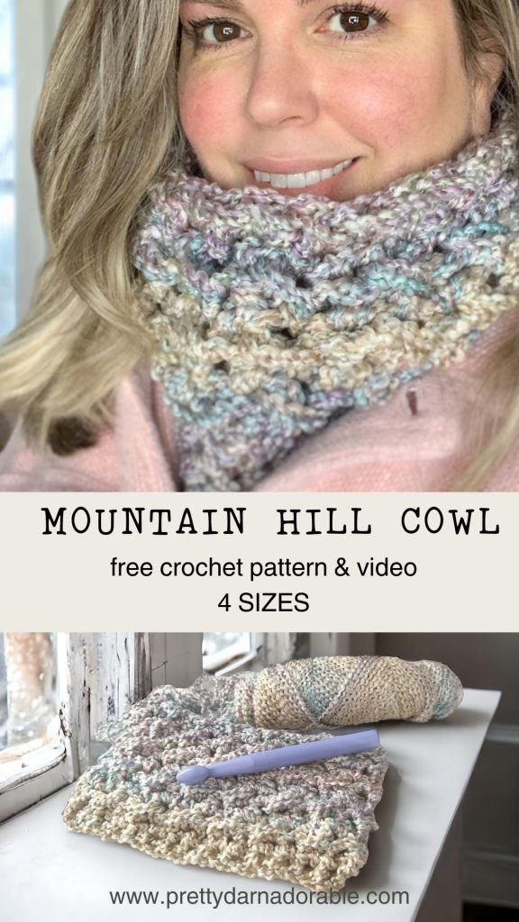 light pink and purple fluffy crochet cowl on a women