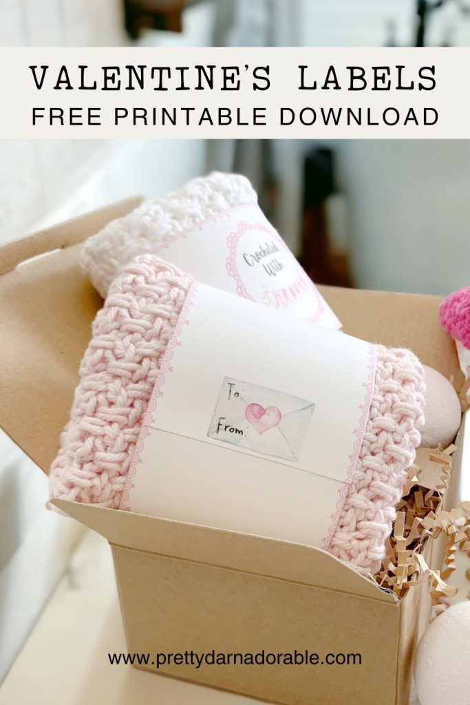 free printable valentines day labels with little hearts wrapped around crochet dishcloths in soft pink