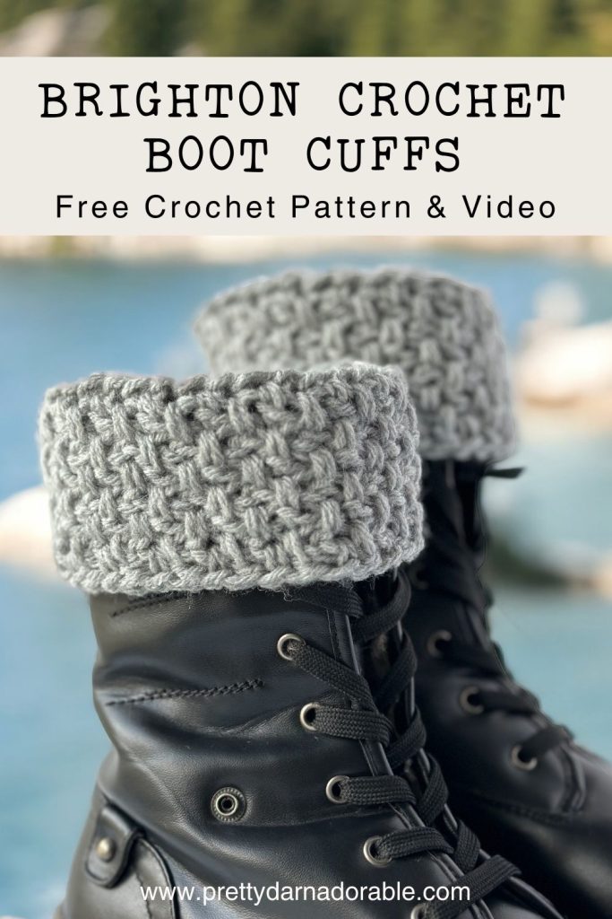 grey crochet boot cuffs on black boots - free crochet pattern and video