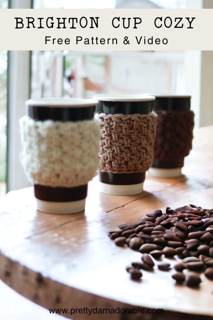 three brown crochet coffee cup cozies.
