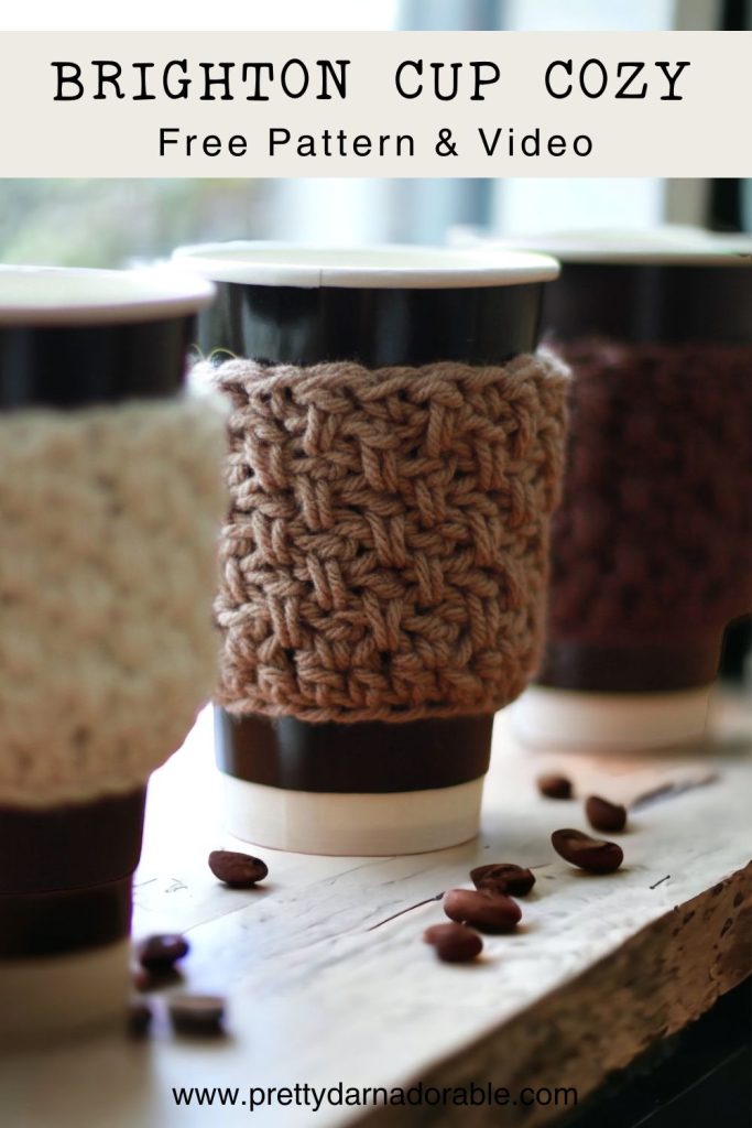 three brown crochet coffee cup cozies.