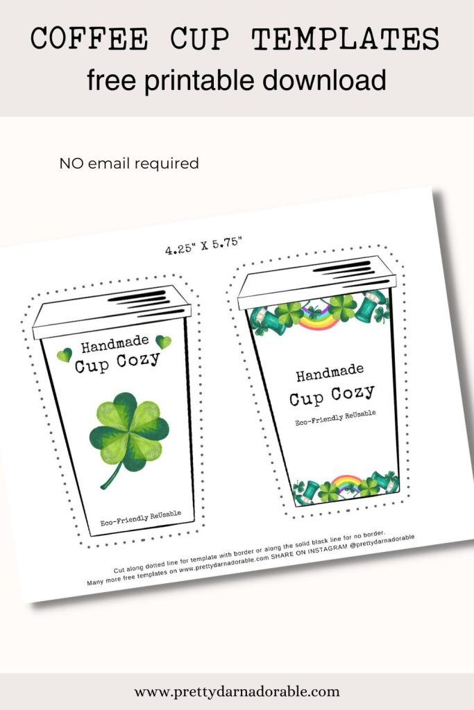 A printout of two coffee sleeve holders with green shamrocks and rainbows
