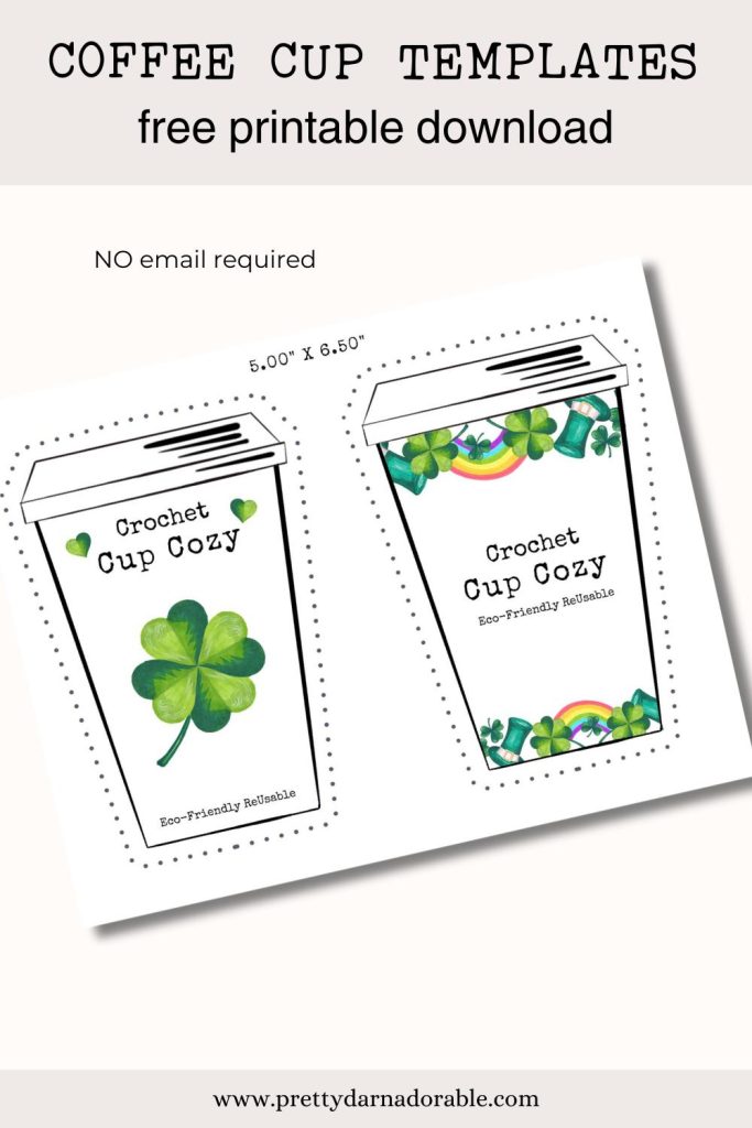 A printout of two coffee sleeve holders with green shamrocks and rainbows