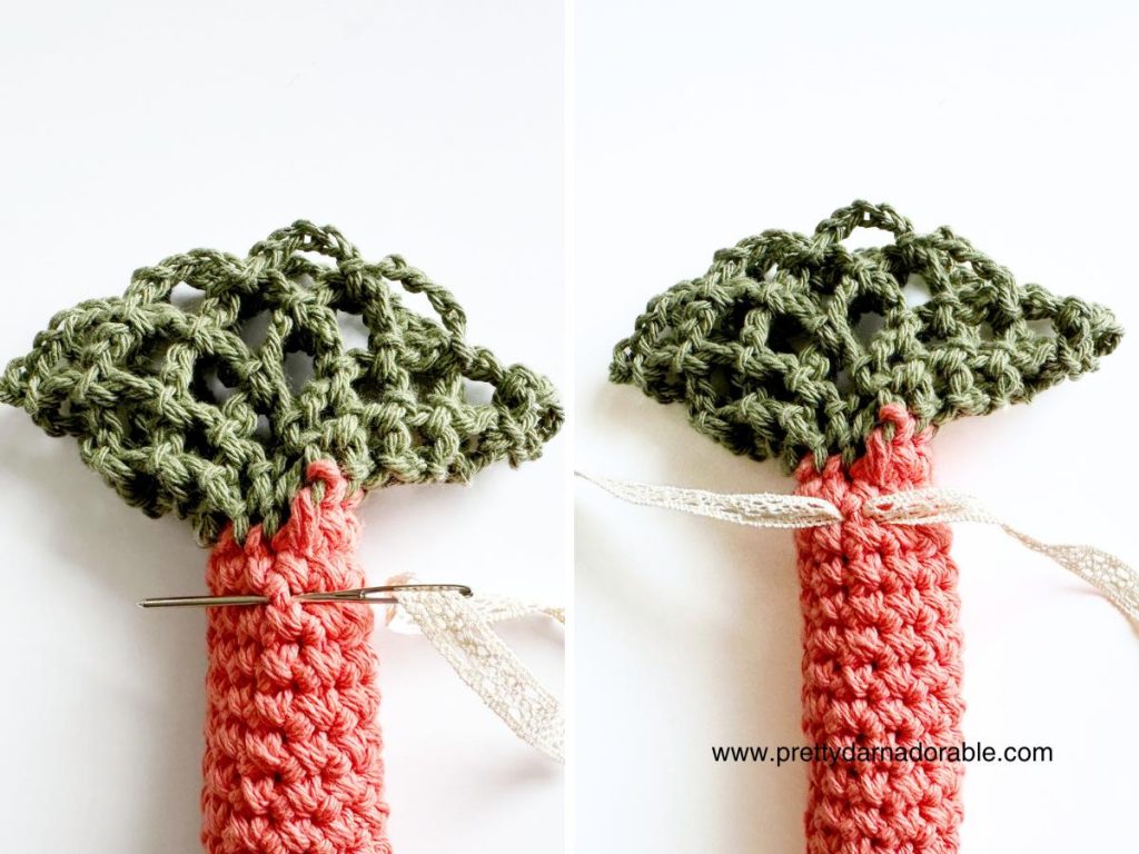 photo showing needle threading ribbon through crochet stitch