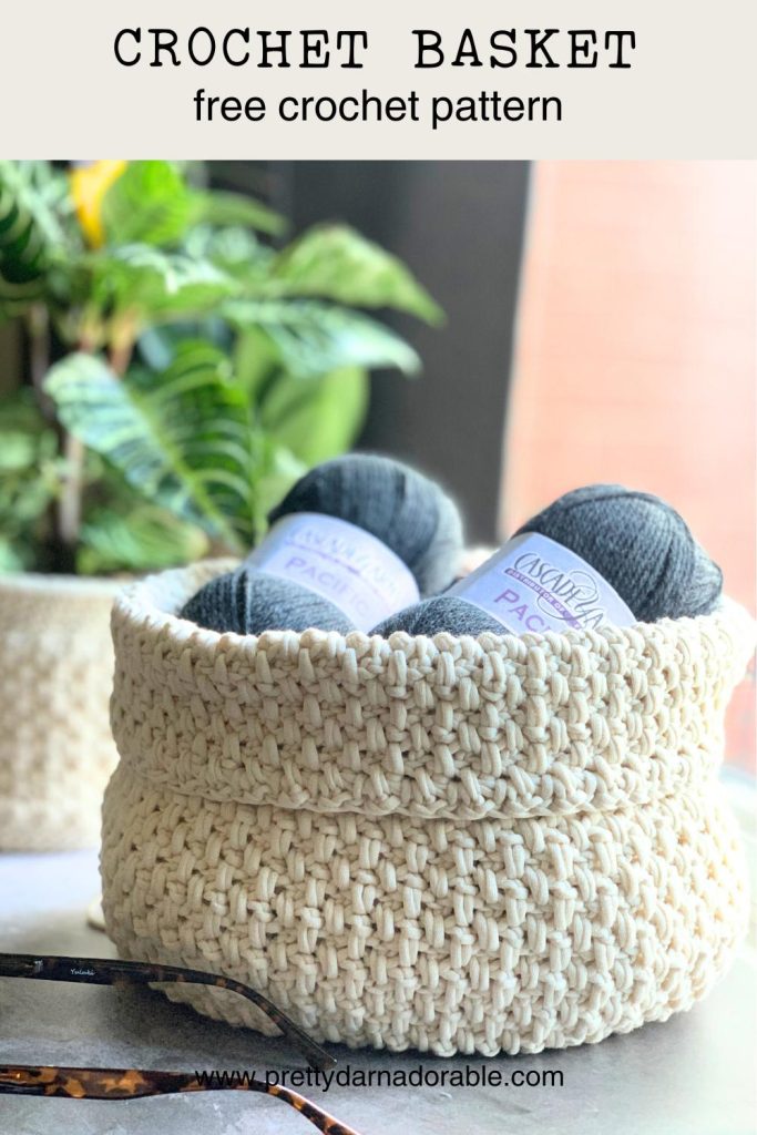 cream crochet basket filled with yarn