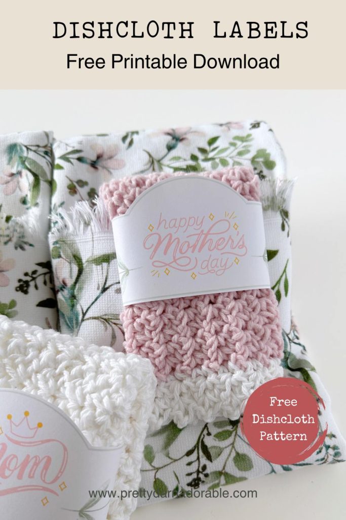yellow pink and white crochet dishcloth with happy mothers day labels on them