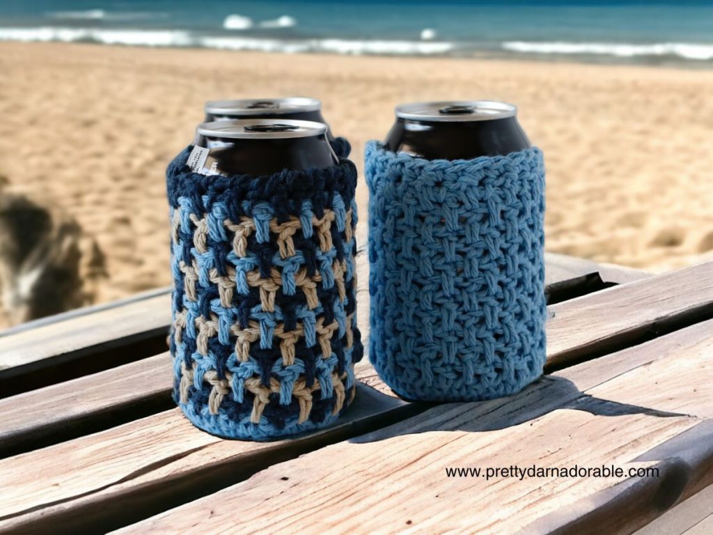 three crochet can cozies in pastel colours