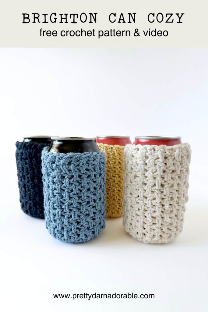 4 crochet can cozies in pastel colours