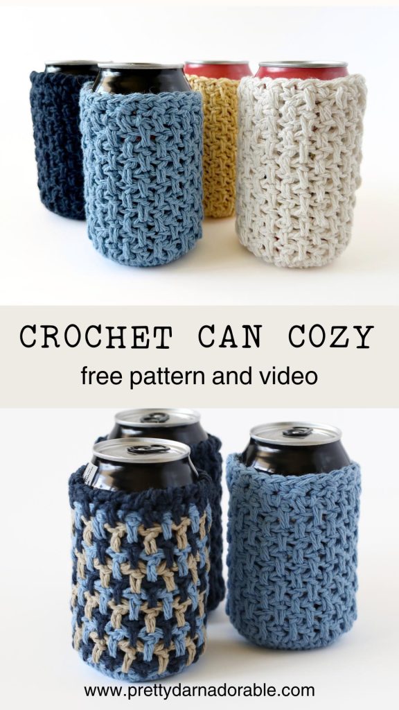 three crochet can cozies in pastel colours