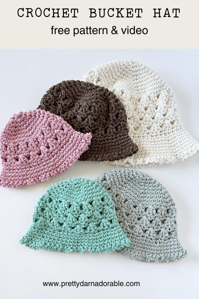 5 crochet bucket hats made out of crochet granny stitch