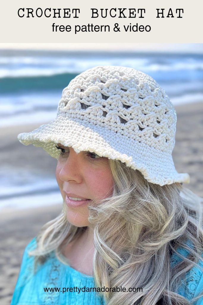 lady wearing cream coloured crochet granny stitch hat