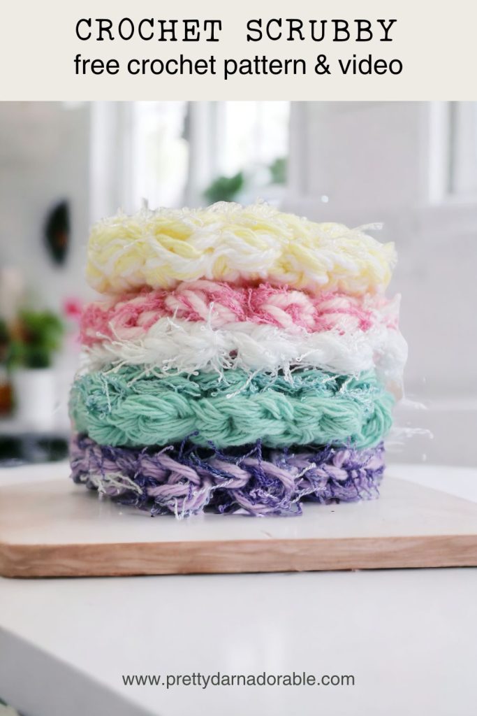 stack of crochet scrubby rounds in different colours