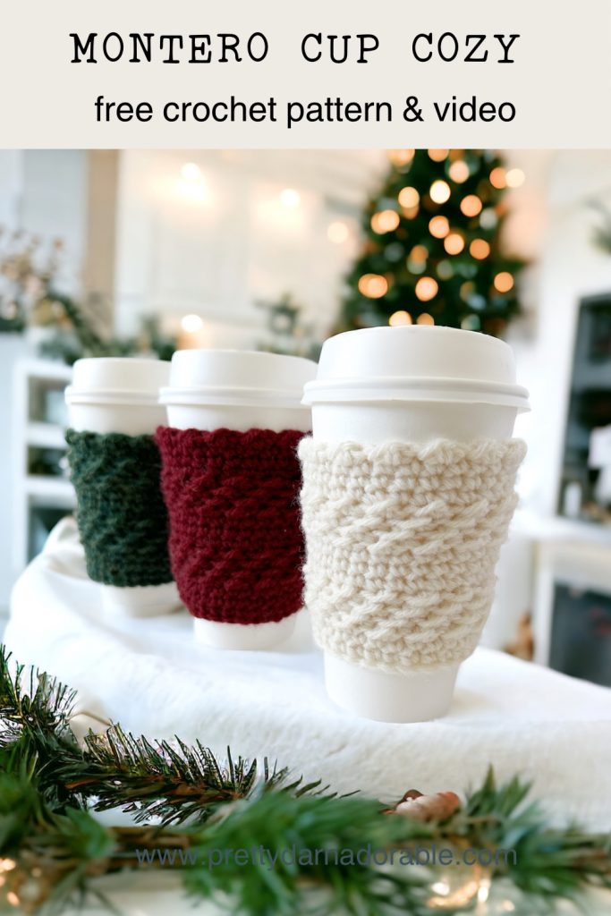 three crochet cozies in red green and white for christmas