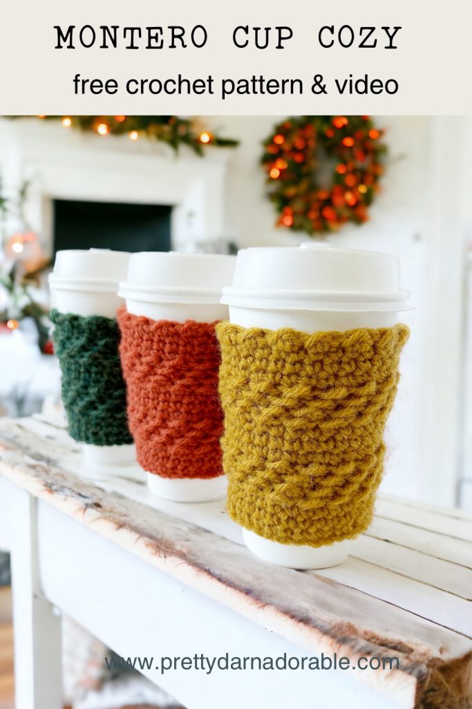 cups with crochet cup cozies in yellow orange and green in a fall thanksgiving setting