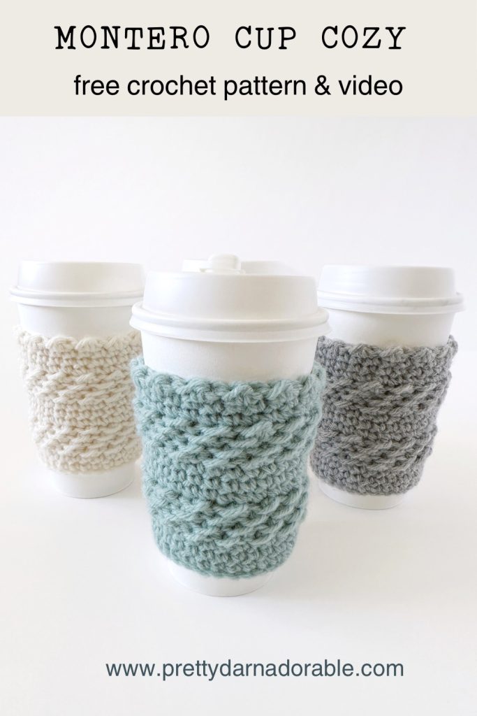 three crochet cup cozies in grey cream and aqua