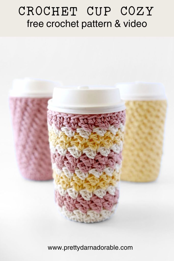 3 yellow, pink and cream Textured crochet cup cozy with bottom