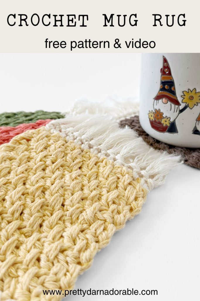 multiple coloured crochet mug rugs with fringe