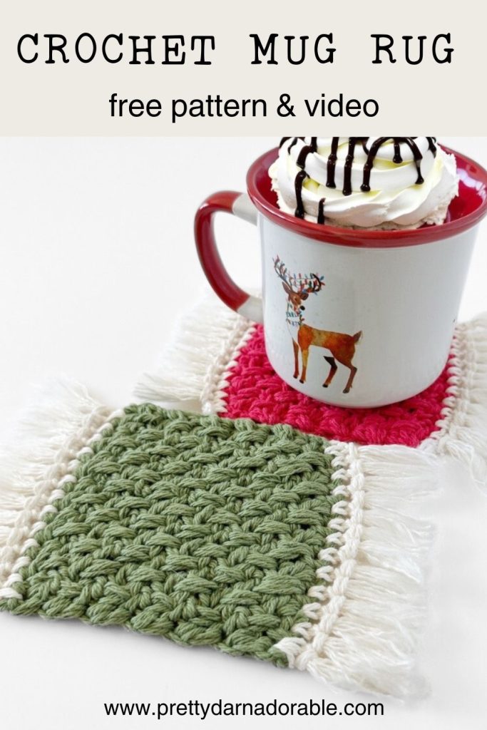 green and red crochet mug rug with christmas mug