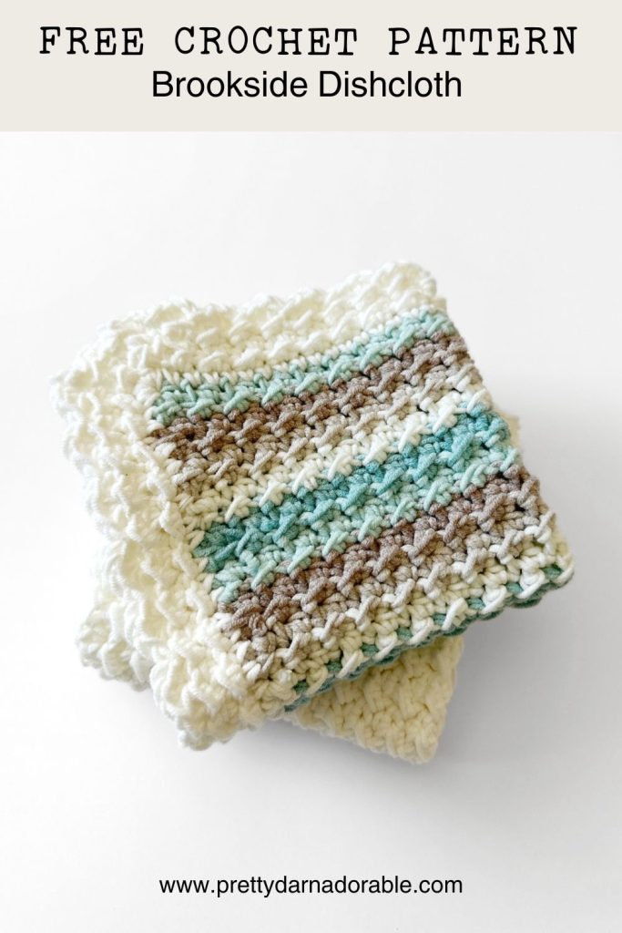 three crochet dishcloths made with the crunch stitch free crochet pattern called brookside dishcloth