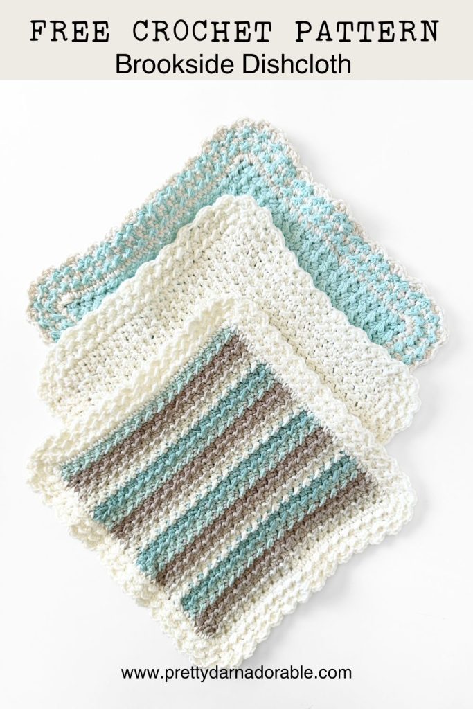 three crochet dishcloths made with the crunch stitch free crochet pattern called brookside dishcloth