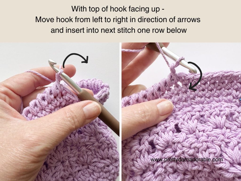 Two images show hands crocheting with lavender yarn from a free crochet bucket hat pattern. The left image illustrates moving the hook from left to right, while the right shows inserting the hook into the next stitch one row below, guided by arrows.