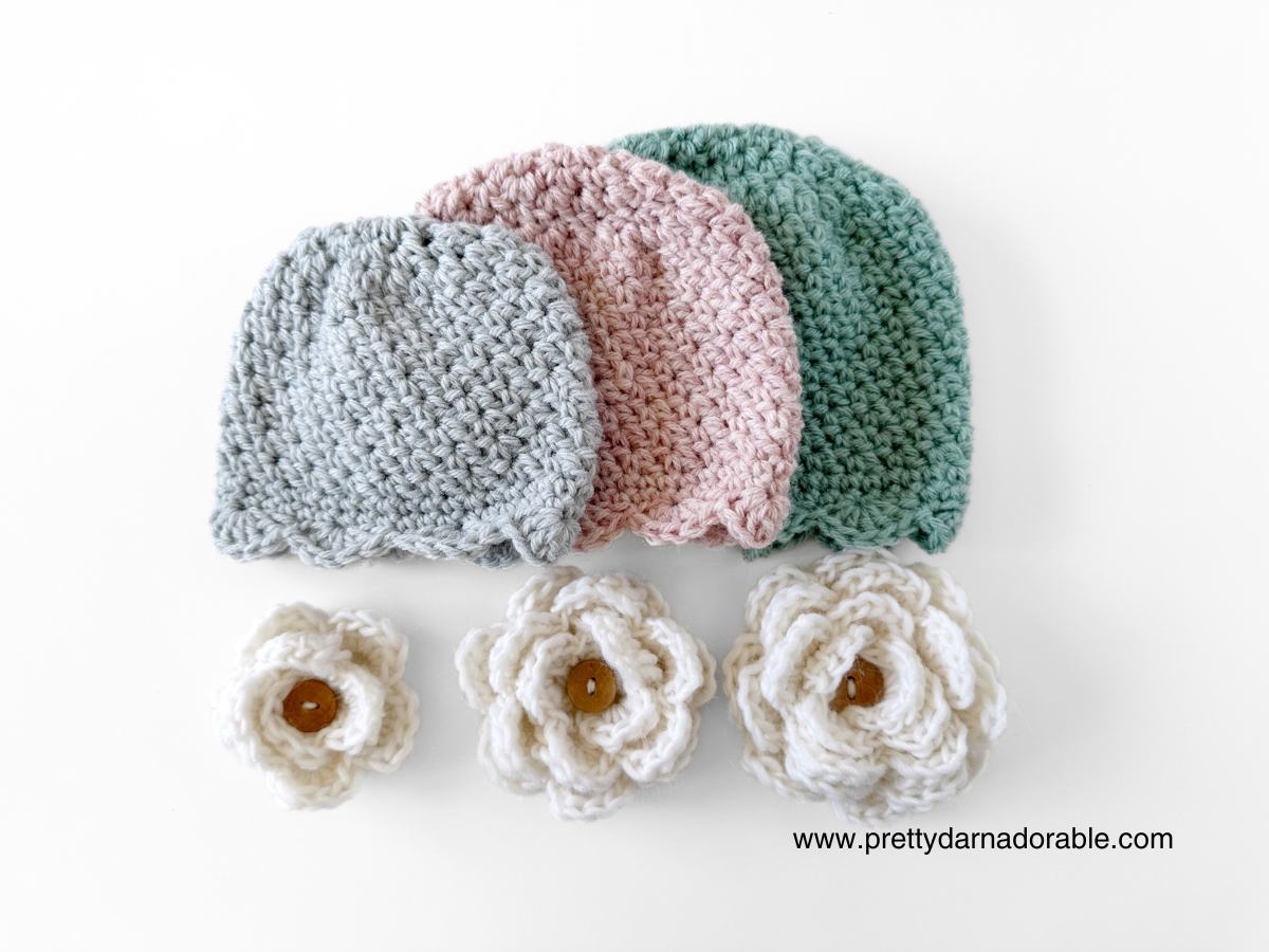 Pink, aqua and grey crochet hat with scalloped edging with crochet rose - free crochet beanie hat pattern