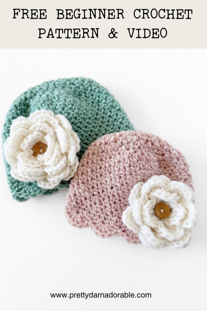 Pink and aqua crochet hats with scalloped edging with crochet rose - free crochet beanie hat pattern