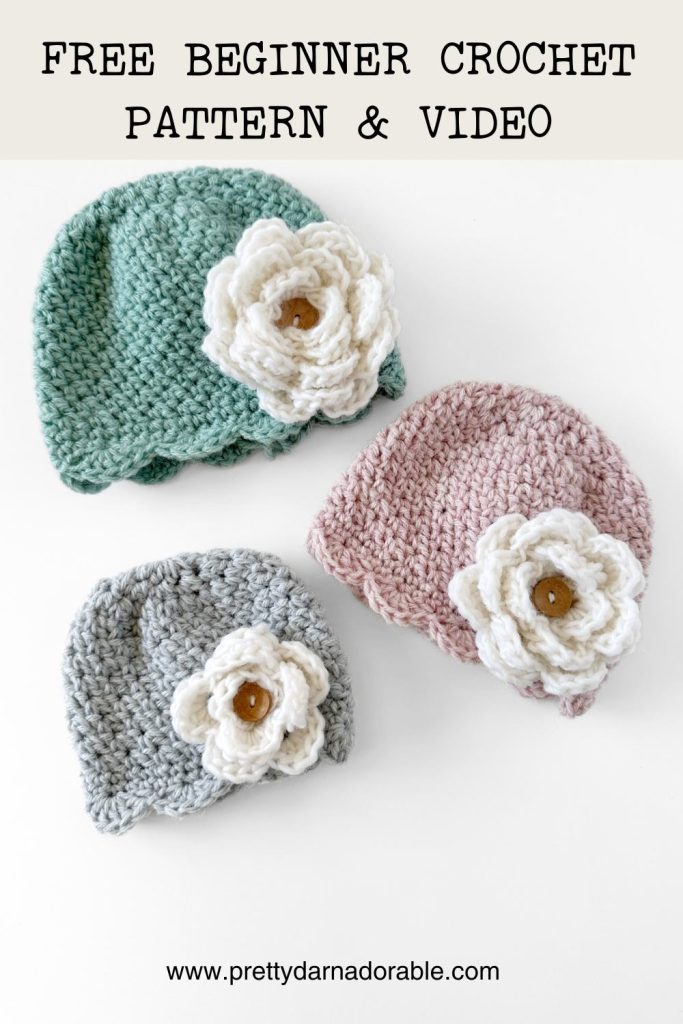 Pink, aqua and grey crochet hat with scalloped edging with crochet rose - free crochet beanie hat pattern