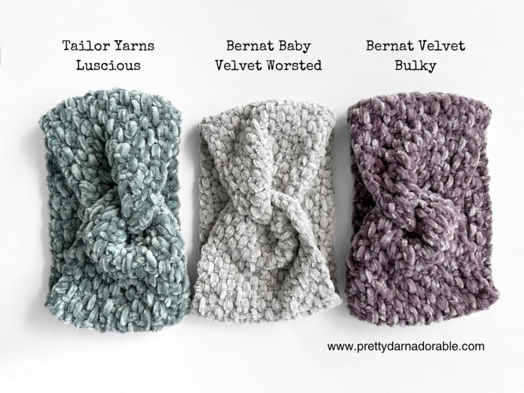 three crochet velvet twisted headbands on a white surface