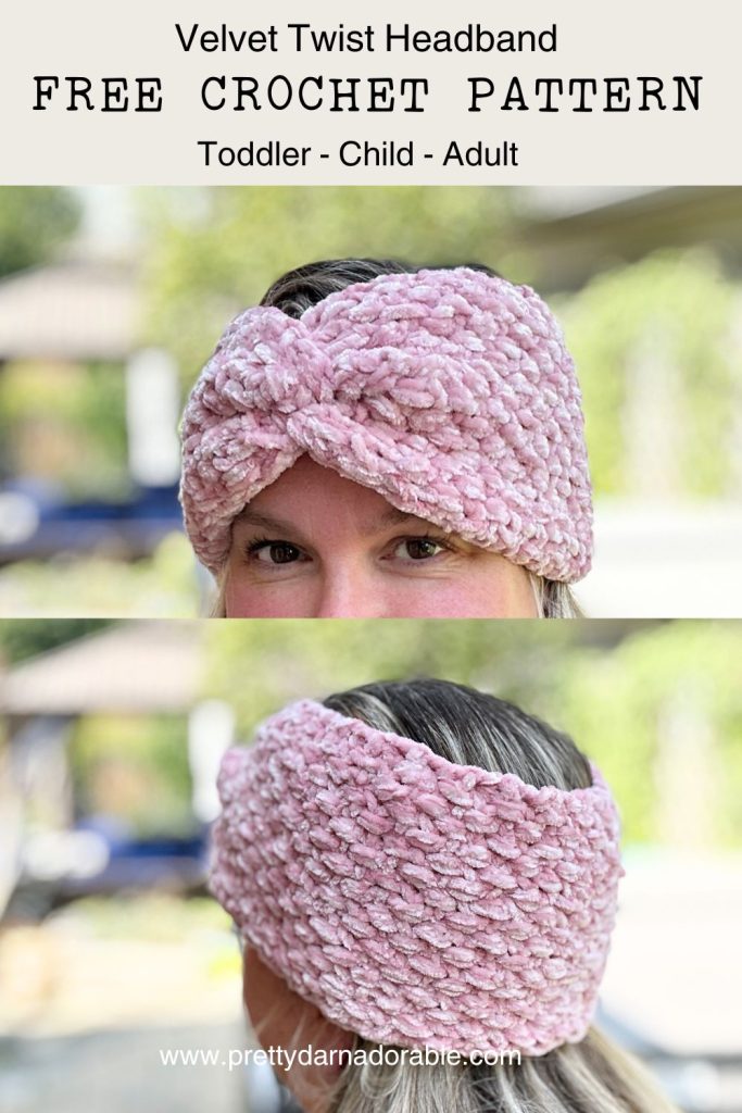 front and back view of a women woman wearing a pink crochet twisted headband made out of velvet yarn