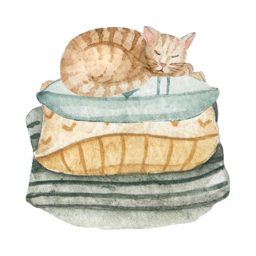 a watercolor illustration of a cat sleeping on a pile of blankets