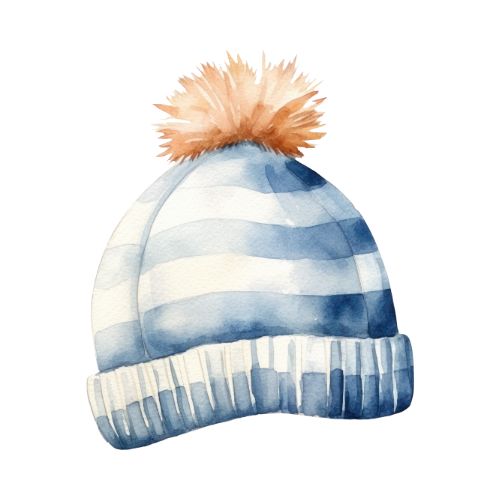 a watercolor illustration of a blue and white striped hat with a pom pom