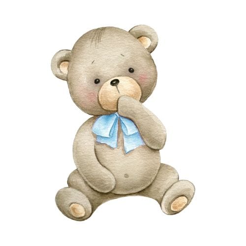 a watercolor drawing of a teddy bear with a blue bow