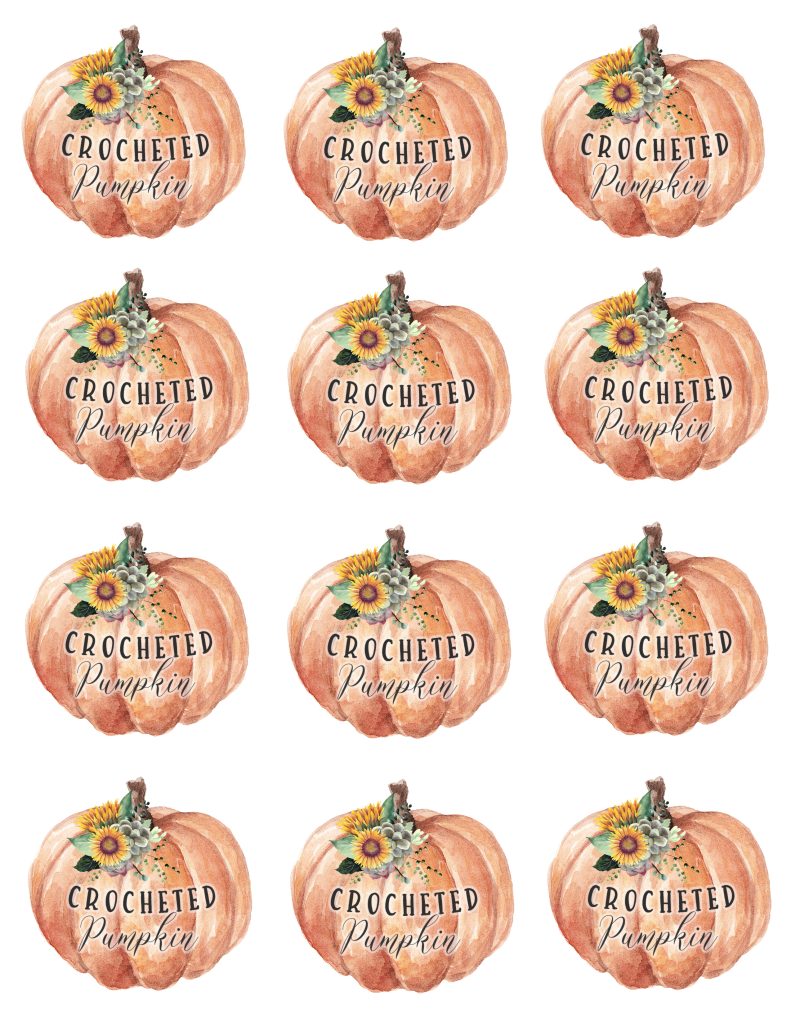 Sheet with 12 watercolor pumpkins topped with yellow flowers and greenery, labeled “Crochet Pumpkin” in black script text. Free crochet pattern