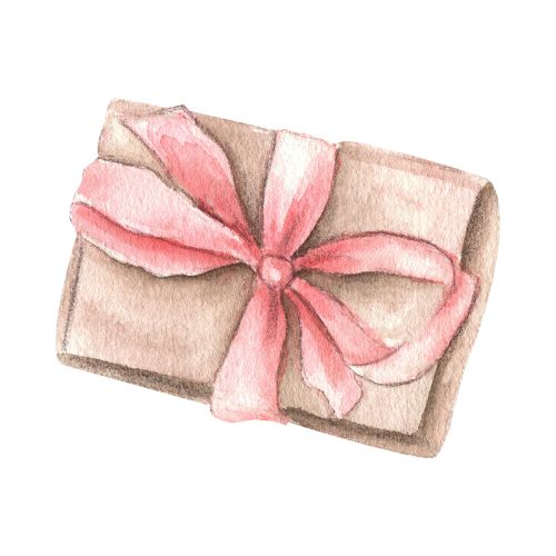 a watercolor drawing of a brown box with a pink ribbon